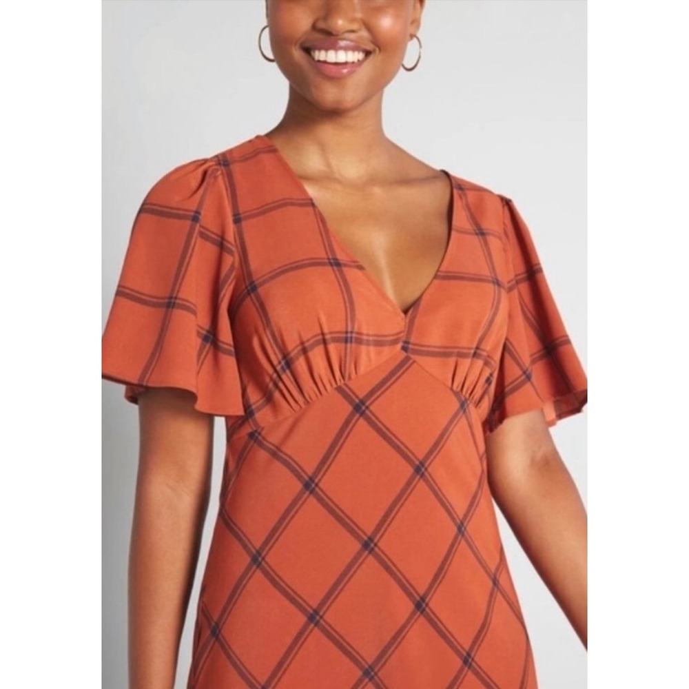 ModCloth Orange Plaid Flutter Sleeve V Neck Midi Dress Womens‎ M - Picture 3 of 16